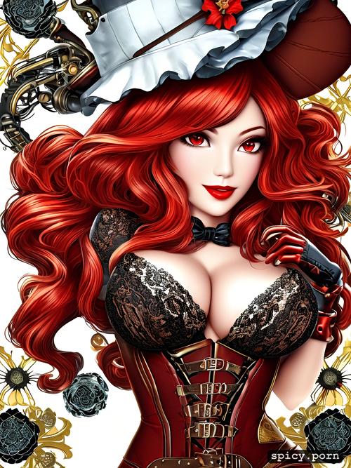 baroque steampunk clothing, red eyes, detailed eyelashes, red painted lips