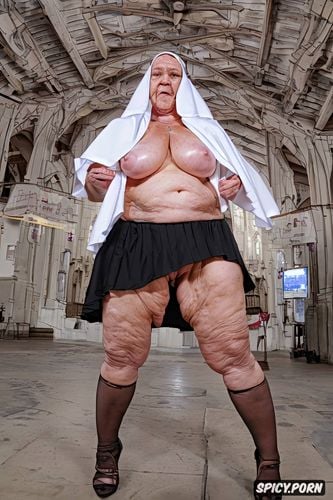 the very old fat grandmother nun in church has nude pussy under her skirt