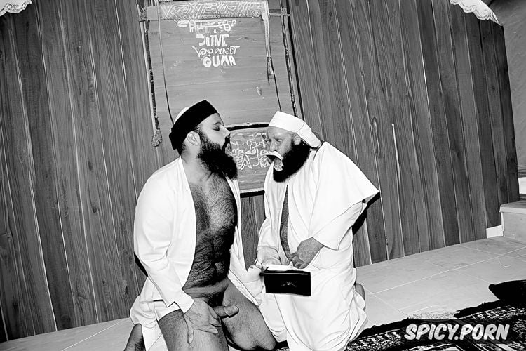 two old fat muslim imams, mullah, holding a book, enormous penis