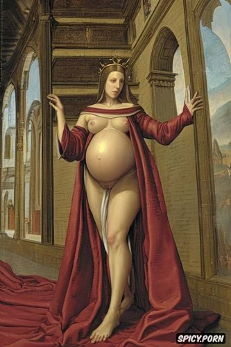 rays from crown, wide open, renaissance painting, pregnant, robe
