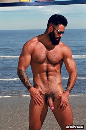 dark haired tattooed year old man sergio ramos face handsome with a beard beautiful muscular hairy pubic muscle very large erect penis on the beach