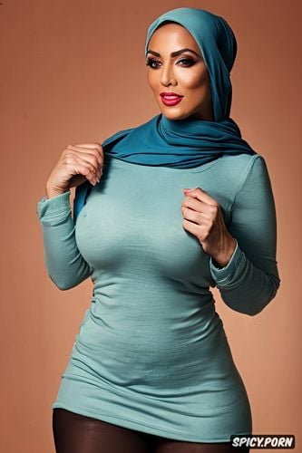 vibrant makeup, color photo, ultra sharp focus, totally naked in only hold ups and hijab no background whatsoever