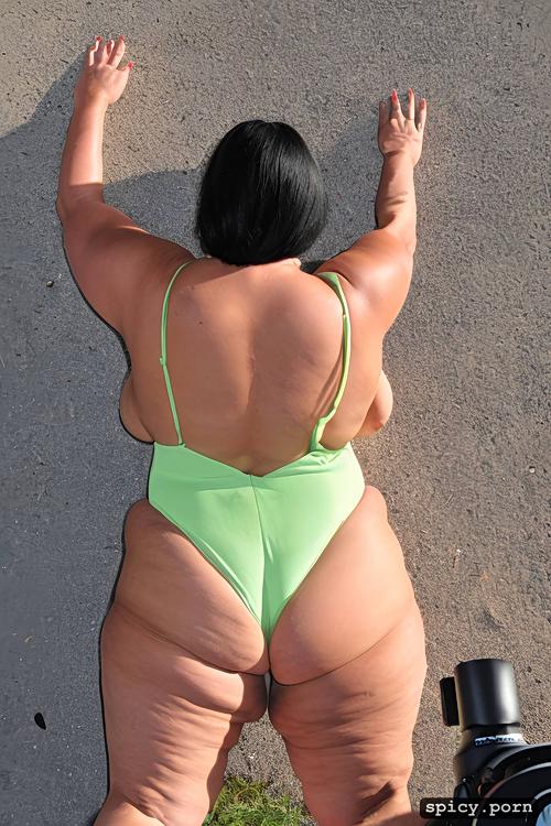 full shot, google street view shot, an old fat hispanic naked woman with obese belly