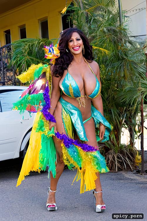 intricate beautiful costume with matching bikini top, 50 yo beautiful performing mardi gras street dancer