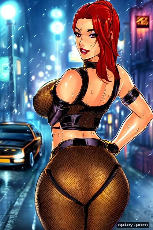 8k, night, ultra detailed, masterpiece, female prostitute, wet busy street in background