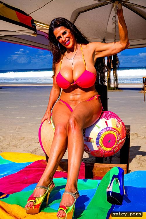 huge natural boobs, color portrait, matching bikini top, 71 yo beautiful white rio carnival dancer