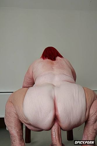 white granny, squatting, rear view, hyperrealistic pregnant pissing muscular thighs red bobcut haircut tanned