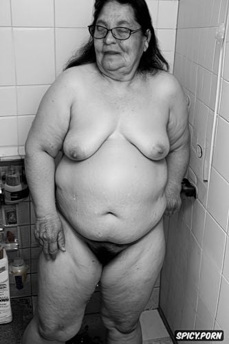 standing, very old ssbbw, topless, piss on the toilette, thick eyeglasses