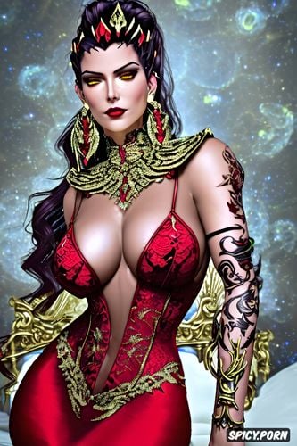 widowmaker overwatch beautiful face tight low cut red lace corset tight low cut crimson lace gown gold and ruby tiara gold and ruby earrings and necklace throne tattoos milf