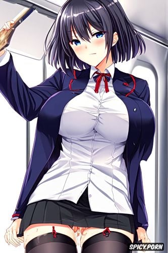 public bus, beautiful alluring anime teen, big boobs, zettai ryouiki