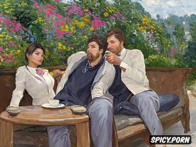 couch, drinking coffee, husband and wife on couch, garden, impressionism painting style