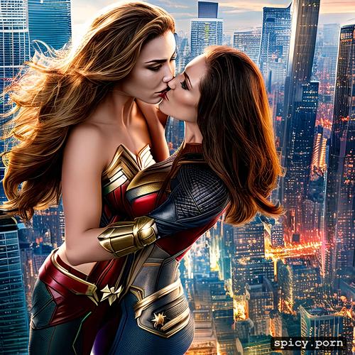 captain marvel and wonder woman, clothed, buildings, kissing