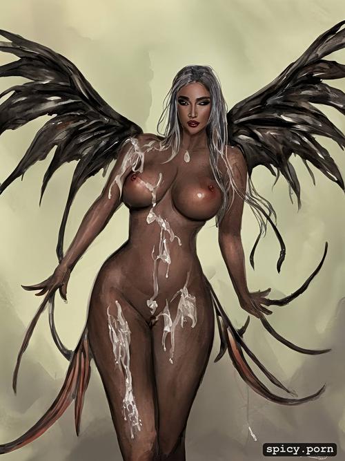 nude, ultra realistic 8k, female deamon with tail and wings