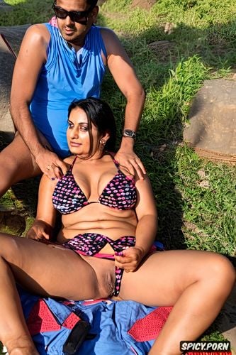 confident bhabhi, sitting tipsy on a beach chair, deep cleavage nipple slip