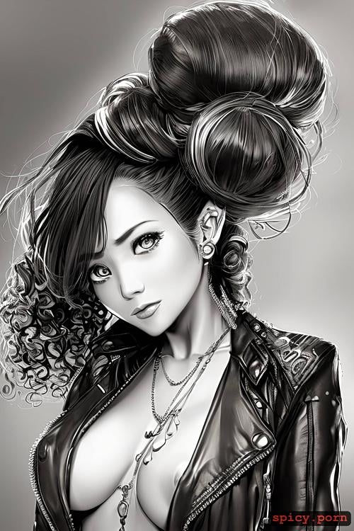 intricate hair buns, small boobs, photo realistic, art by jean paptiste monge