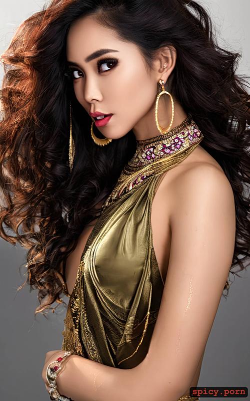 red lips, intrinsic face, large pearl earrings, thai girl, pursed lips
