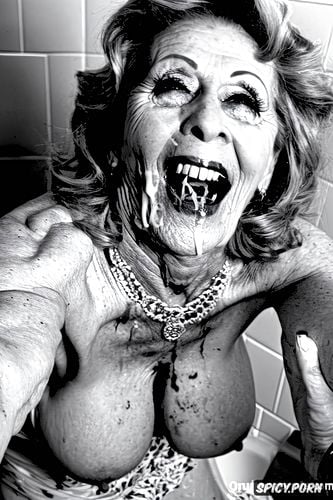 and old zombie aunt, old zombie grannie, dripping cum on tits