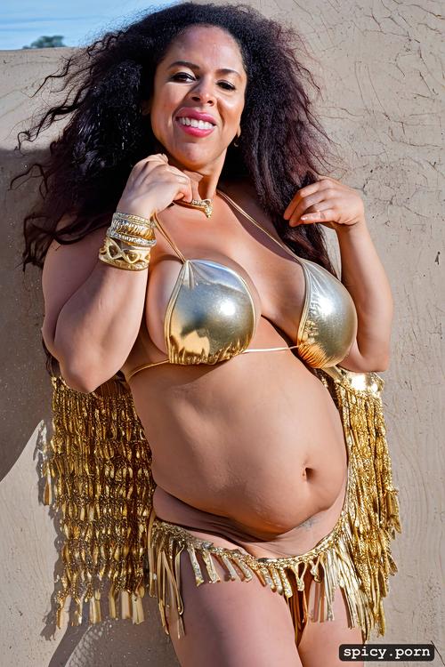 gigantic natural boobs, front view, massive saggy melons, elegant bellydance costume with matching bikini top