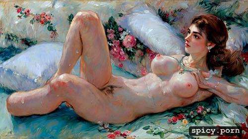 art by vasily surikov, blushing, 8k, small boobs, shaved pussy