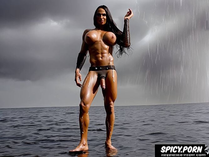 a transgender female look with huge dick, rain, naked, storm