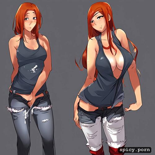 anime ginger woman, boots, correct anatomy, 18yo, tank top messy ginger hair