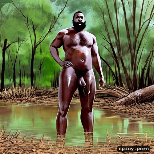 black man, beard, 45 years old, hairy body, big penis, standing in the mud in a muddy swamp