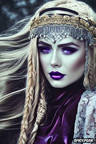 fantasy roman empress beautiful face full lips rosey skin long soft ashen blonde hair in a braid rich dark purple robes dark purple makeup diadem full body shot