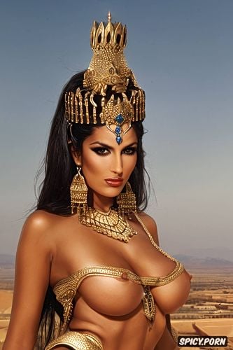 beautiful face, mesopotamian crown, lion, awesome medium sized natural tits