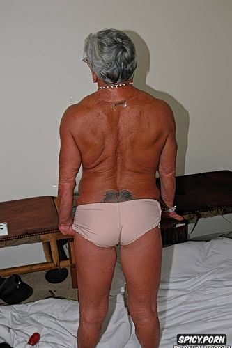 happy pervert serious usa bodybuilding muscle gilf, short spikey white hair ninety of age crawling on all fours in bed