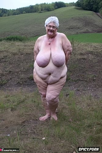 hyperrealistic, sixty of age, white granny, naked, enormous tits