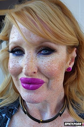 hyper glossy mirrored lips, huge pumped up balloon lips, freckles