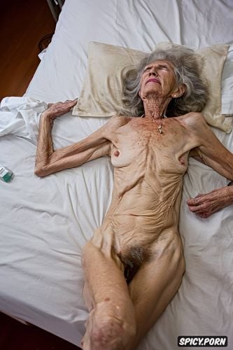 hospital bed in empty room, soft pale wrinkled skin, legs open displaying grey hairy pussy