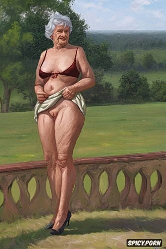 fat granny, very wide hips, the very old fat grandmother skirt has nude pussy under her skirt