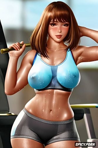 small perky tits tight wet sport bra, gym, beautiful face young full body shot
