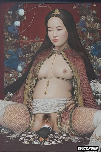 erect penis, flat painting japanese woodblock print, hairy vagina