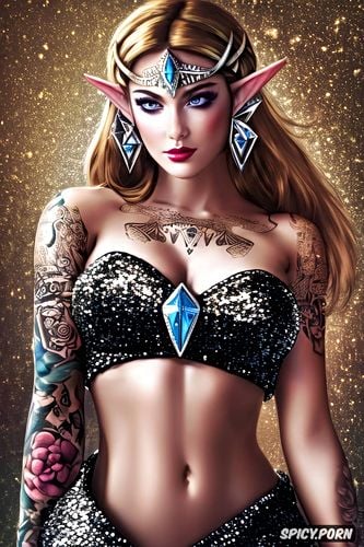 tattoos masterpiece, ultra detailed, princess zelda the legend of zelda beautiful face young sexy low cut black sequin dress