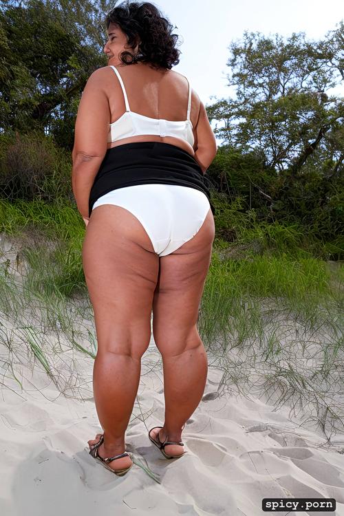full body shot, standing, from behind, obese, at beach, short hair