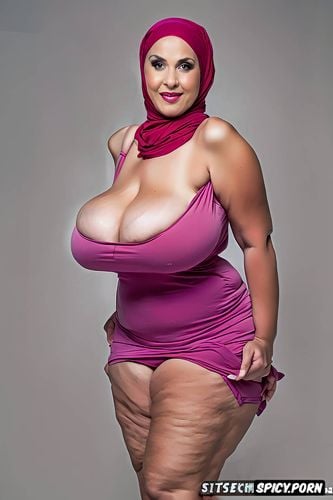 symmetrical, well groomed curvy body, hyper realistic, hijab and thigh fit sexy dress with falling out tits and exposed crotch