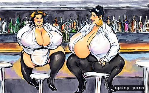fat woman, huge boobs, high heels sitting at the bar, tiny skirt