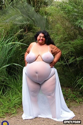 ssbbw hispanic old woman in a transparent white and tight bodysuit