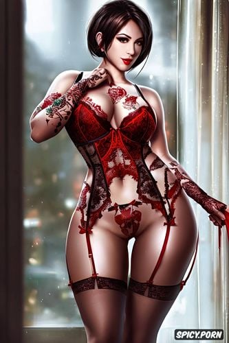 tattoos masterpiece, k shot on canon dslr, ultra detailed, ada wong resident evil beautiful face young sexy low cut red lace lingerie