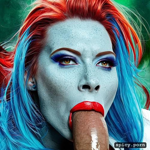 fucking mouth, blue, whole dick in mouth, redhead, dick head completely in mouth