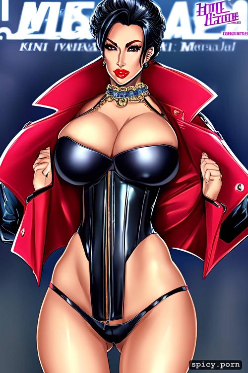 highres, realistic, red big updo, black corset, 50 yo, 8k, portrait of beautiful bombshell as dominant madame