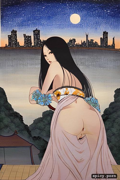 15th century painting, ukiyo e, japanese woodblock print, ass towards viewer looking over shoulder wearing a short dress with floral pattern on a big tree on a hill