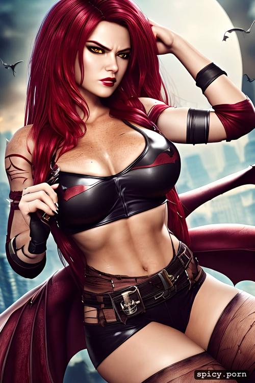 tattered skin tight bat woman outfit, comicbook cover, long flowing dark red hair