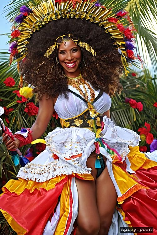 69 yo beautiful white caribbean carnival dancer, intricate beautiful dancing costume