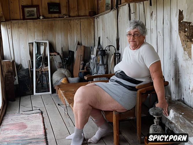 short wool socks, bulging belly, gray and white pussy hair, full body seen with curves