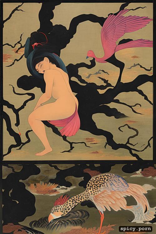 one nude asian woman falling from sky, flamingo, entirely black background