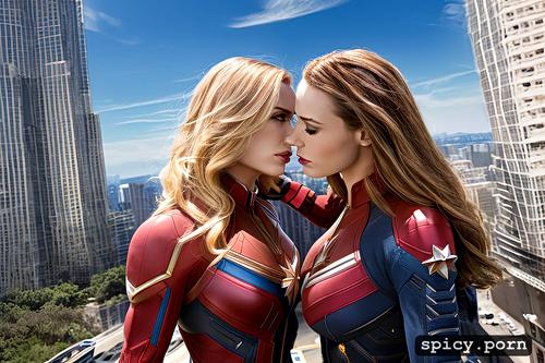 lesbian sex, realistic, clothed, kissing, buildings, black widow scarlet and captain marvel brie