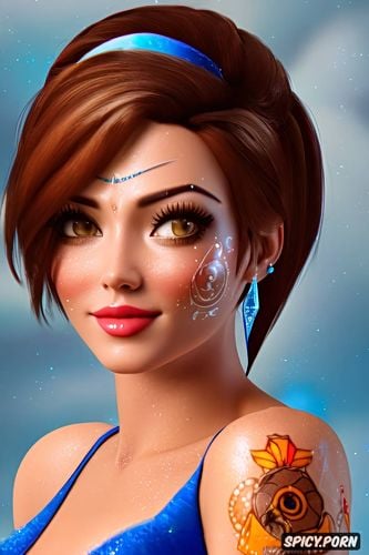 ultra detailed portrait, ultra realistic, tracer overwatch slutty disney princess cinderella tight low cut cinderella ballgown tiara beautiful face tattoos on tits milf